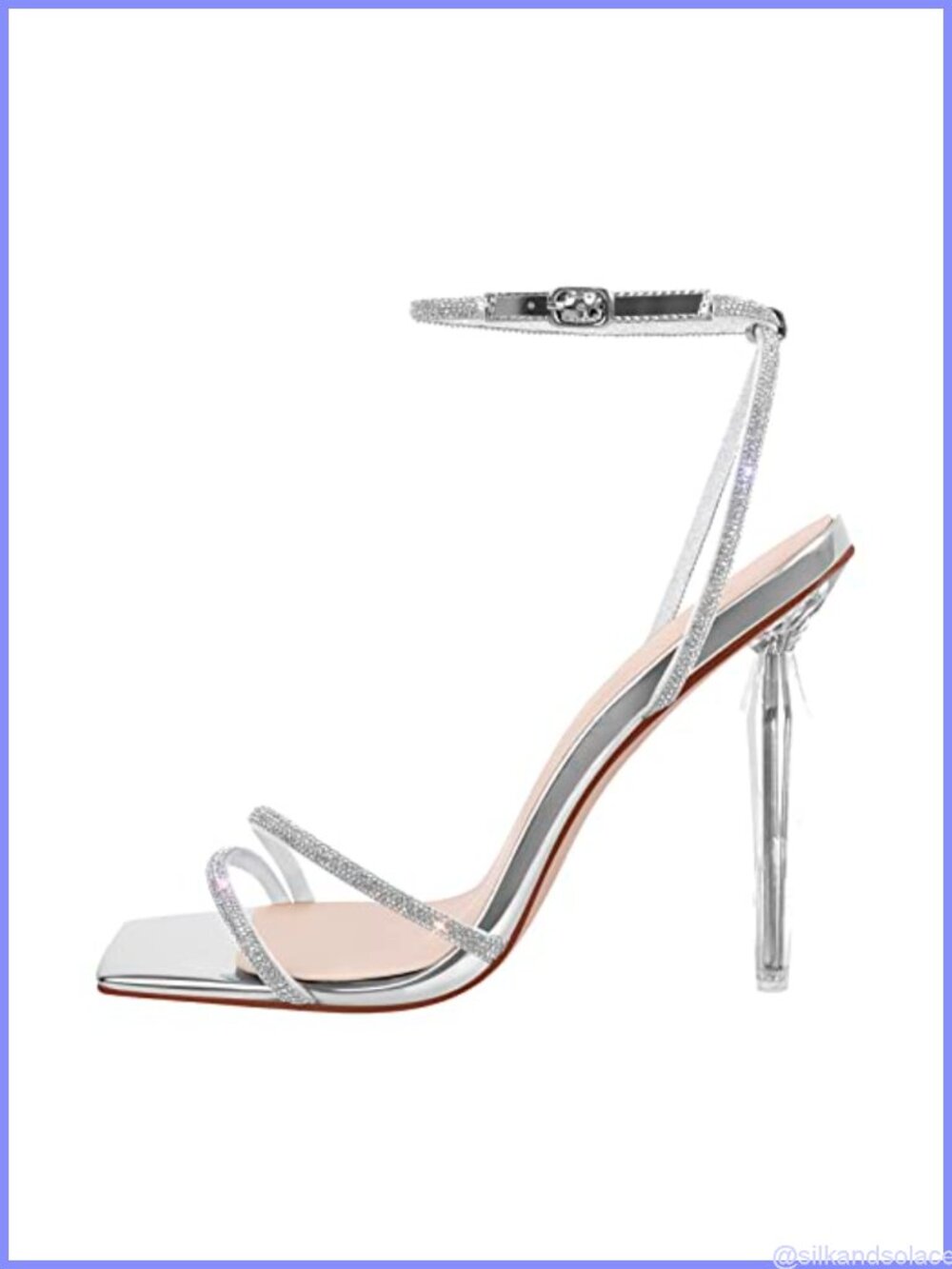 Square Toe Rhinestone Studded Heeled Sandals Ankle Buckle Slingback